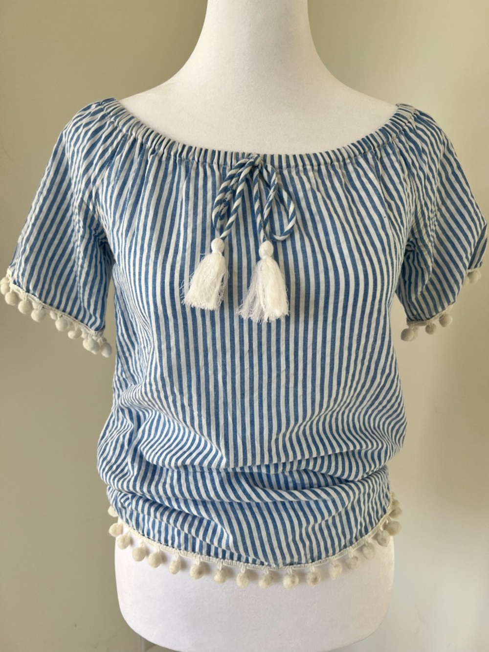 Blue and White Striped Peasant Top with Tassels